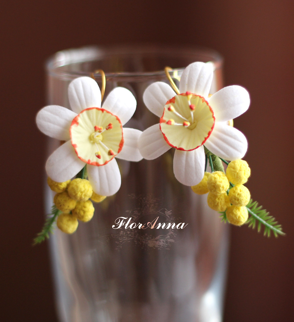 Сережки квіти "Нарциси з мімозою. Оригінальний подарунок дівчині