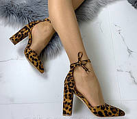 Туфли женские модельные лодочки высокий каблук столбик на завязку принт леопард 40р