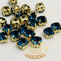 Круглые стразы чатоны в золотых цапах, размер 6мм, цвет Blue Zircon, 1шт