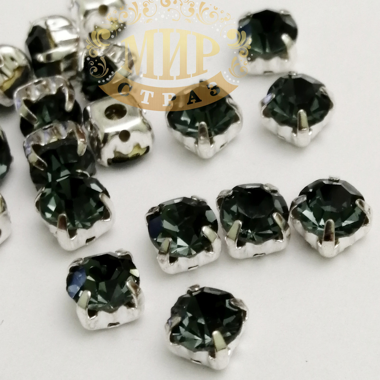 Круглые стразы чатоны в серебряных цапах, размер 6мм, цвет Black Diamond, 1шт - фото 1 - id-p873397379