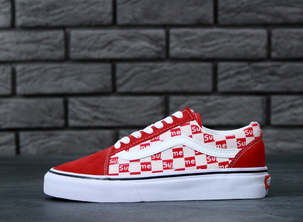 Жіночі кеди Vans BAPE Old Skool "Shark" (в стилі Ванс Олд Скул) червоно-білі з принтом, замша, текстиль