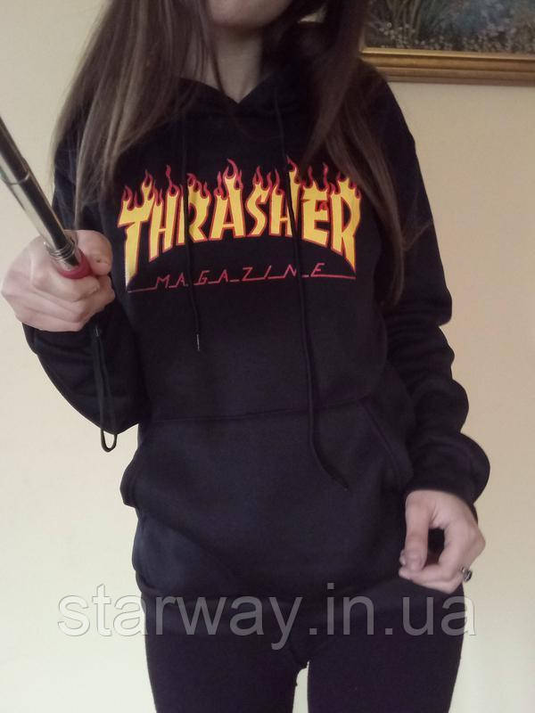 Чорна стильна толстовка з принтом thrasher | худі трешер