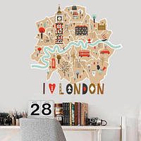 Декоративна наклейка карта Лондон (самоклійна повнокольорова Темза) глянсова 700х680 мм