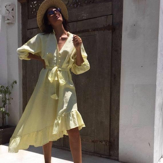 Сукня асиметрична лляна з воланом. Місто, пляж, фото 1