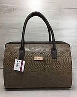Каркасна жіноча сумка Саквояж коричнева рептилія з коричневими ручками