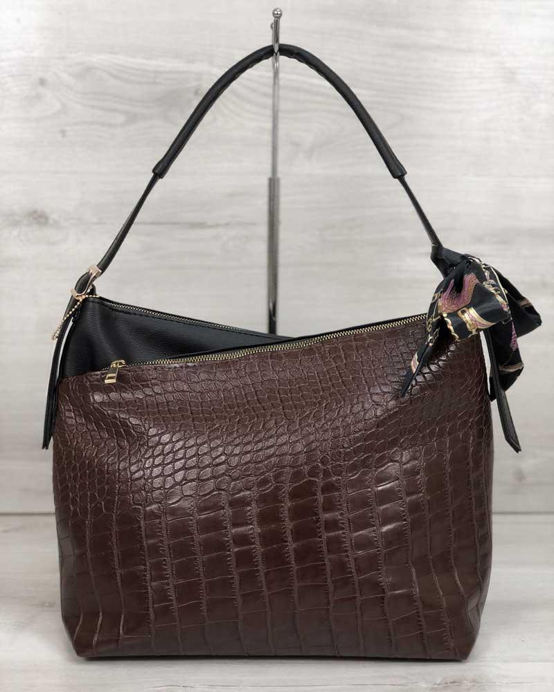 Жіноча сумка Нея чорного кольору зі вставкою коричневий крокодил