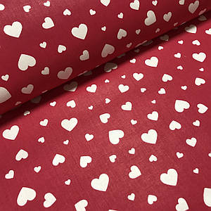 Тканина польська бавовняна серця великі та маленькі білі на червоному