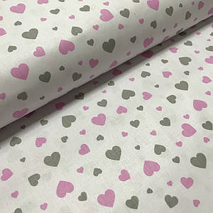 Тканина польська бавовняна серця великі та маленькі сіро-рожеві на білому
