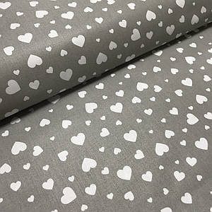 Тканина польська бавовняна серця великі та маленькі білі на сірому