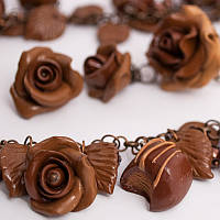 Комплект, набор украшений: (ожерелье-бусы, кольцо, серьги) "Аромат шоколада". Бижутерия ручной работы.