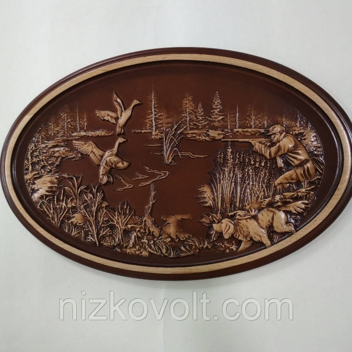 Різьблена картина "Полювання-2" - подарунок мисливцеві 450*290*18 мм, фото 1