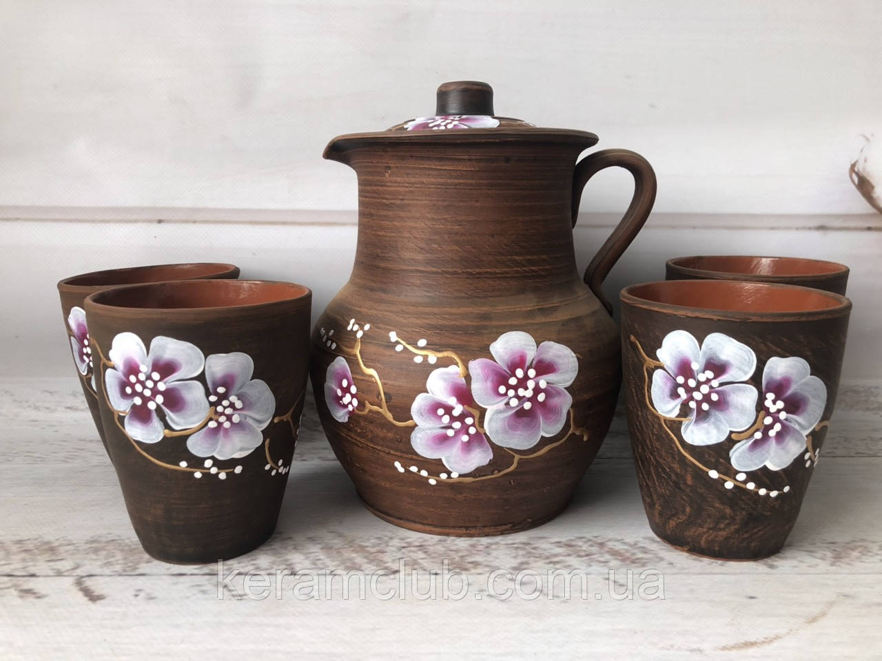 Набір із червоної глини Керамклуб кухонний глечик 1,5 л і 4 склянки 300 мл із малюнком, фото 1