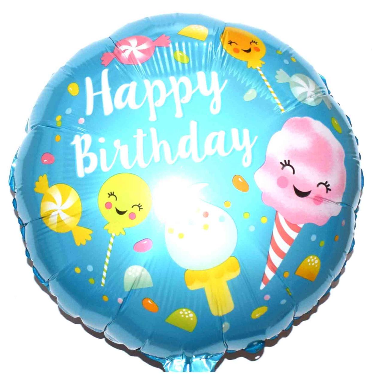 Куля фольгована кругла "Happy Birthday" Солодощі блакитний. Розмір: 18"(45 см).