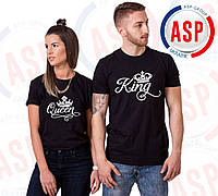 Парные футболки с надписью King Queen и короной спереди белого цвета печати под заказ