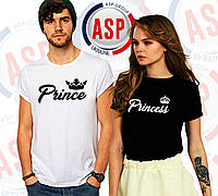Парные футболки черные с надписью Prince Princess c короной спереди под заказ
