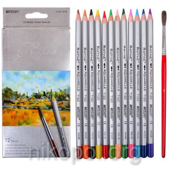 Акварельні олівці Marco Raffine 7120-12CB, 12 кольорів з пензликом