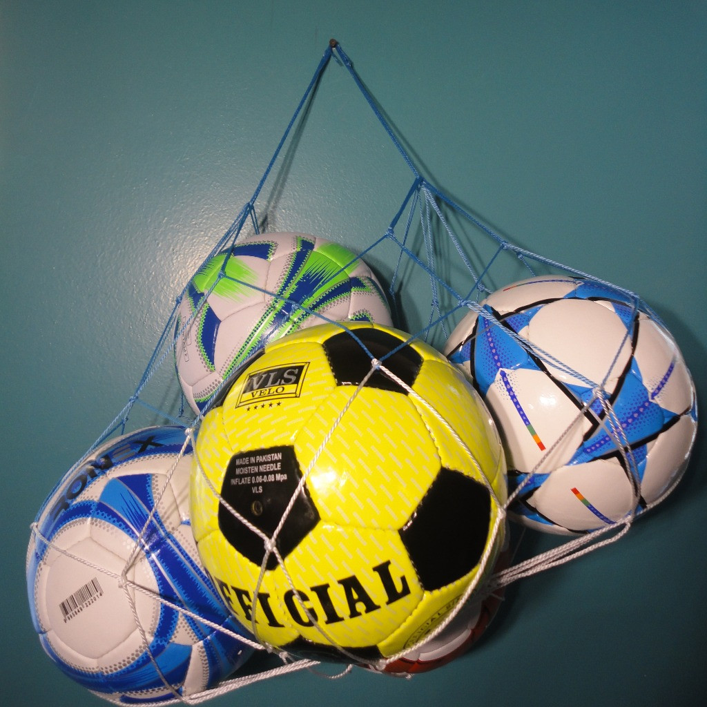 Сетка для переноски мячей "ЭКОНОМ", на 5 мячей, шнур Д - 2,2 мм бело-синяя - фото 1 - id-p415682639