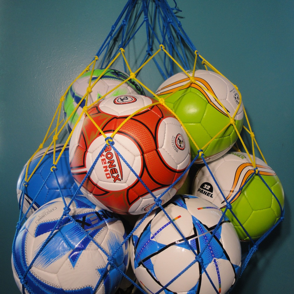 Сетка для переноски мячей "СТАНДАРТ", на 10 мячей, шнур д - 3 мм желто-синяя - фото 1 - id-p273609529