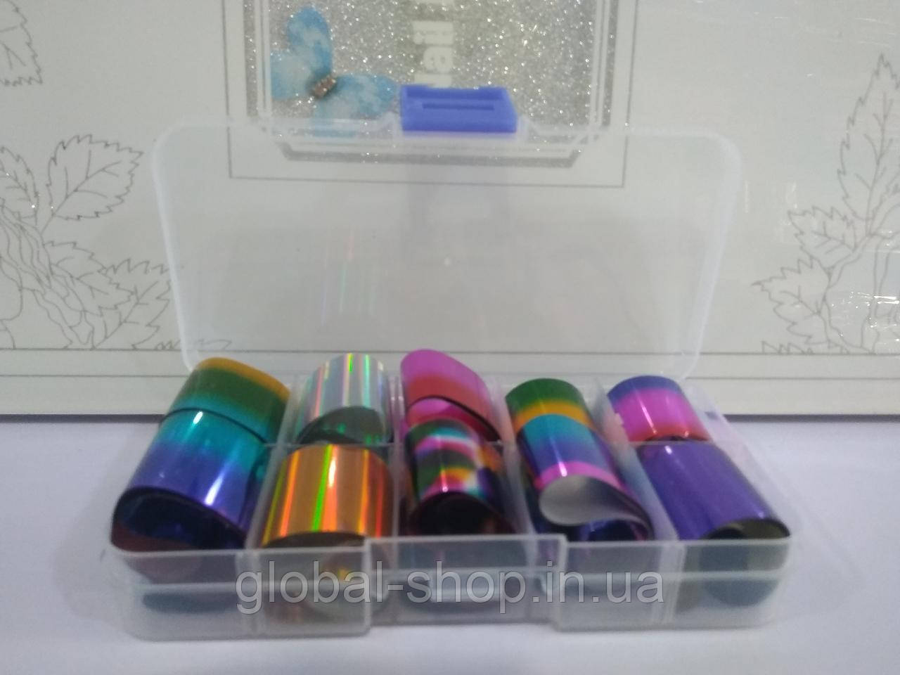 Фольга для дизайну нігтів у контейнері набір 10 штук, Nail Art Transfer Foil (Переводна фольга для нігтів)