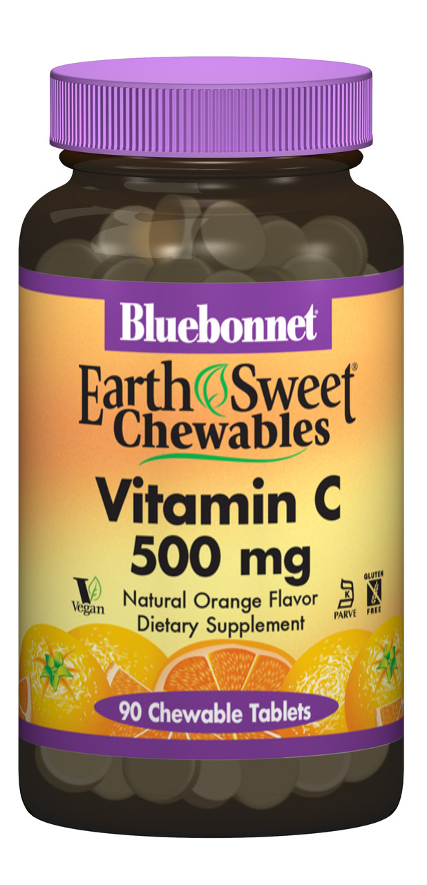 Вітамін С, 500мг, Смак Апельсина, Earth Sweet Chewables, Bluebonnet Nutrition, 90 жувальних таблеток