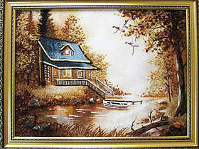 Картина з бурштину "Хатка з човном"