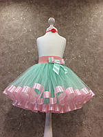 Пышная юбка для девочки из фатина цвет мятный + лента розовая