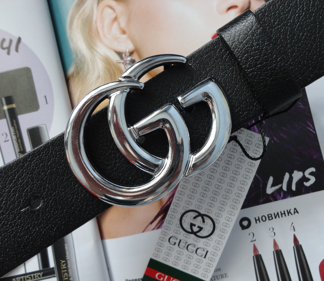 Жіночий шкіряний ремінь в стилі GUCCI пряжка срібло