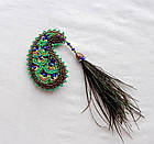 Брошка зелена з бісеру ручної роботи індійський огірок "Перо павича", фото 2