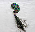 Брошка зелена з бісеру ручної роботи індійський огірок "Перо павича", фото 3