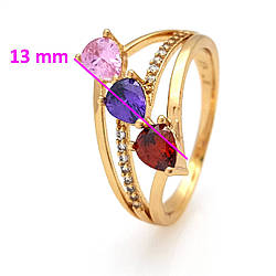 Кільце Три Крапельки, з різнобарвним цирконієм, р. 18, позолота Xuping, 18К
