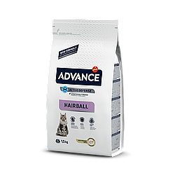 Advance Cat Hairball корм для кішок, що не залишають приміщення, для виведення вовни, з індичкою та рисом 1.5 кг