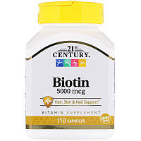 Биотин для укрепления ногтей и волос, Biotin, 21st Century, 5000 мкг, 110 капсул