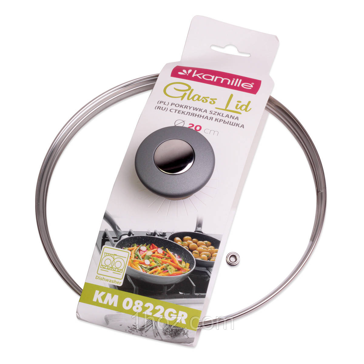 Кришка скляна Kamille KM-0822GR 20см Скляна кришка з металевим обідком Кришка для сковорідки