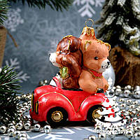 Стеклянная елочная игрушка Медвежата на машине Irena Винтаж