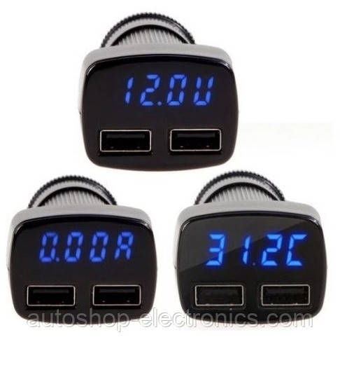 Подвійний USB зарядний пристрій для автомобіля + ТЕСТЕР (U-вольт, A-ампер,°C) з синім дисплеєм