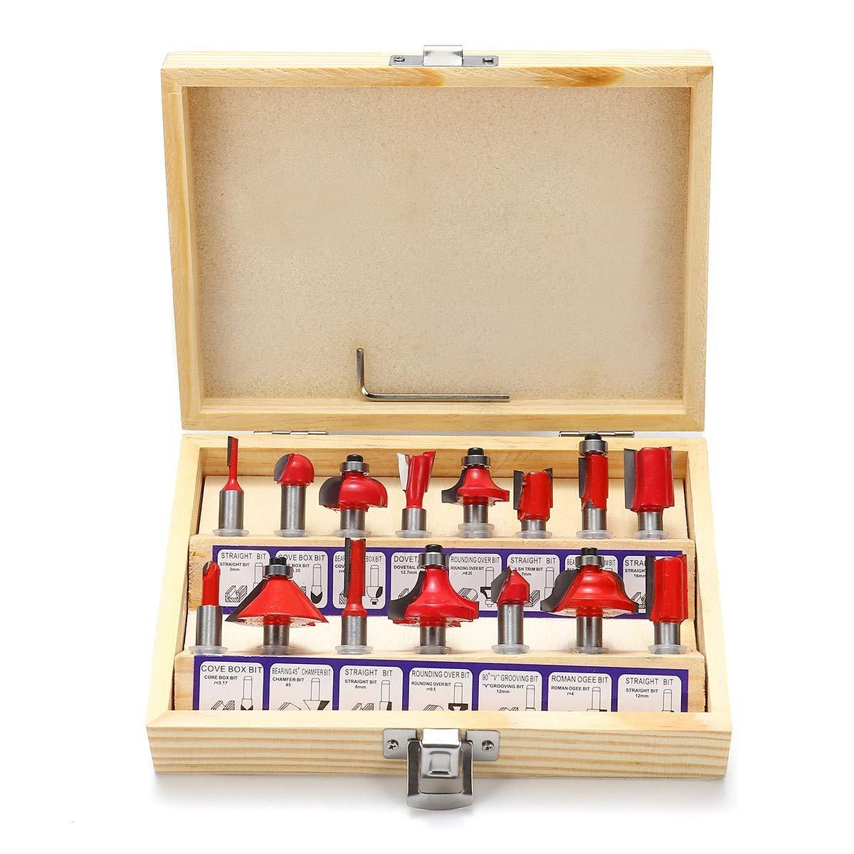 Фрези по дереву 15 шт, хвостовик 6.35 мм, сталь, дерев’яний кейс, фото 1