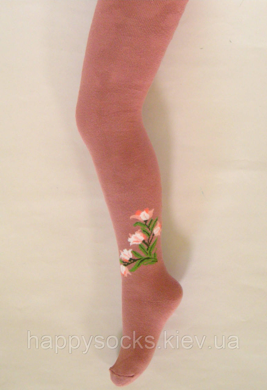 Колготки бавовняні однотонні темно-рожевого кольору з квіточкою