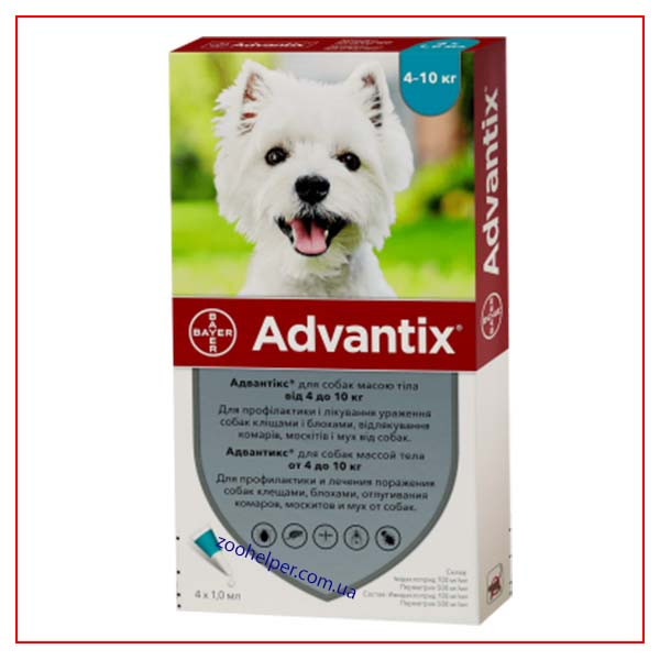 Краплі Advantix на 4-10 кг (Адвантикс) для Собак від клеї, бліх, комарів, москітів (4 піпетки/1 мл)