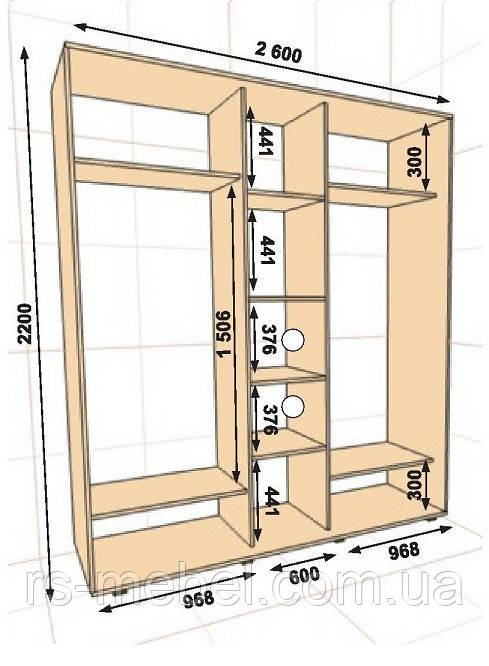 Шафа-купе 2600х600х2200, 3 двері (Алекса)