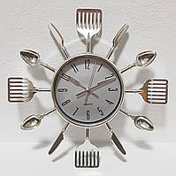 Настінний годинник (25 см) на кухню "Ложки-веделки-ножі" столові прилади сріблястий Time