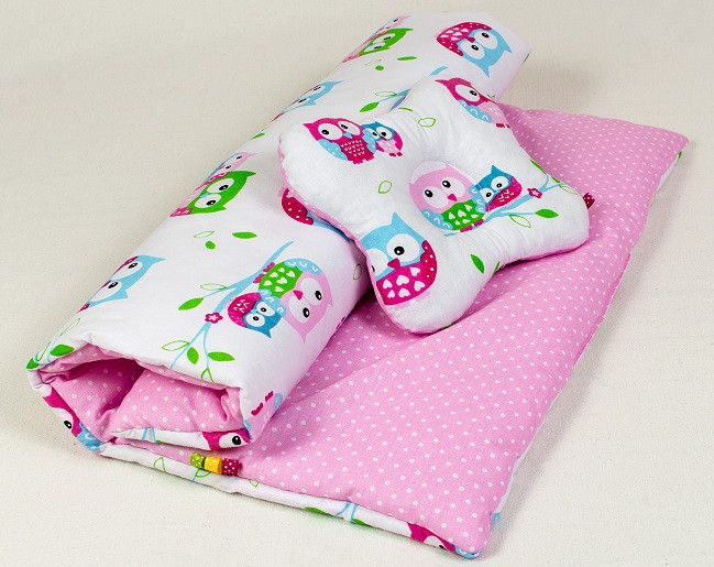 Летний комплект в детскую коляску BabySoon Нежные совушки одеяло 65 х 75 см подушка 22 х 26 см розовый (070) - фото 1 - id-p883691750