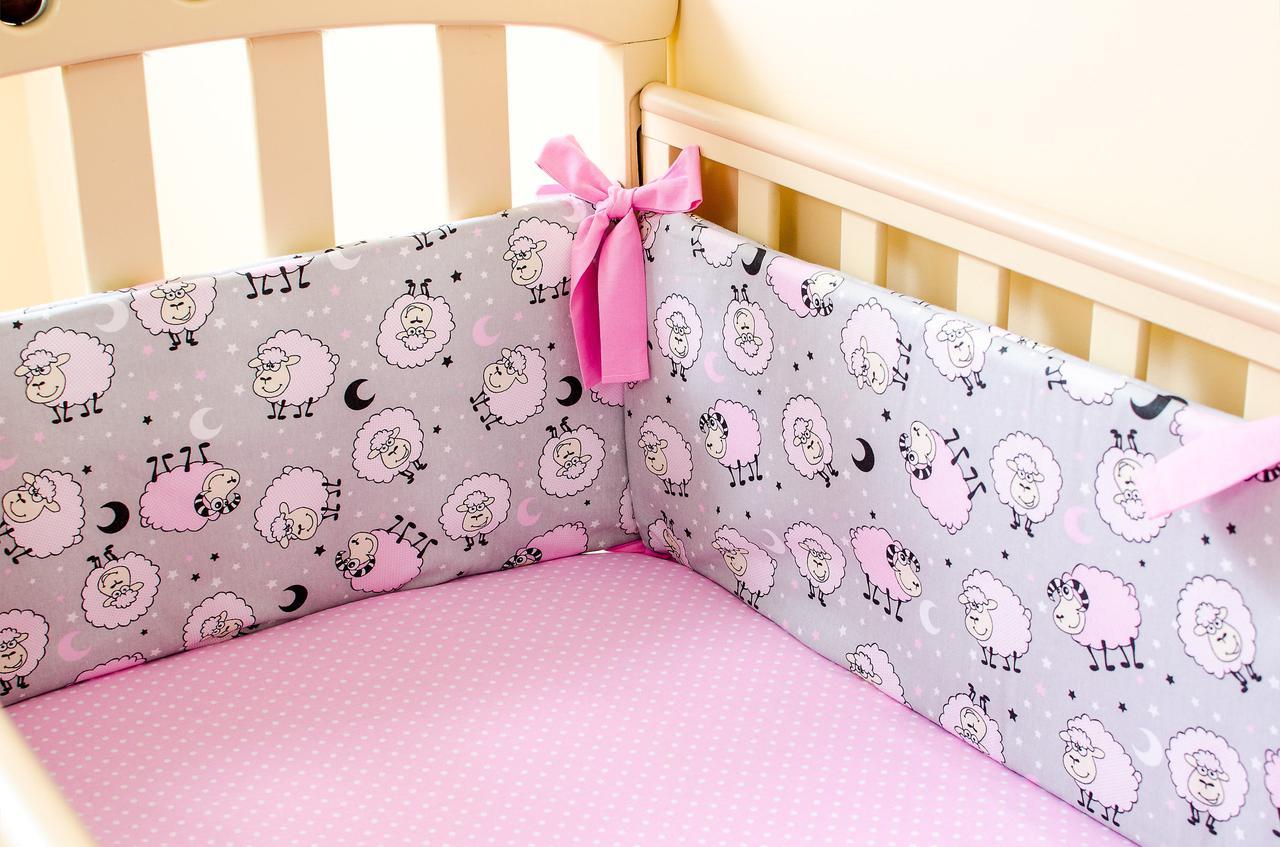 Бортики в детскую кроватку + простынь на резинке Розовые барашки BabySoon 360смх27см простынь 60смх120см(521) - фото 3 - id-p883693470