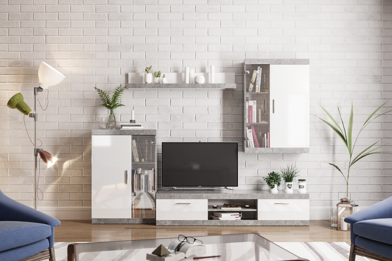 Стінка для вітальні в сучасному стилі Каліфорнія Світ меблів, колір сірий / білий лак