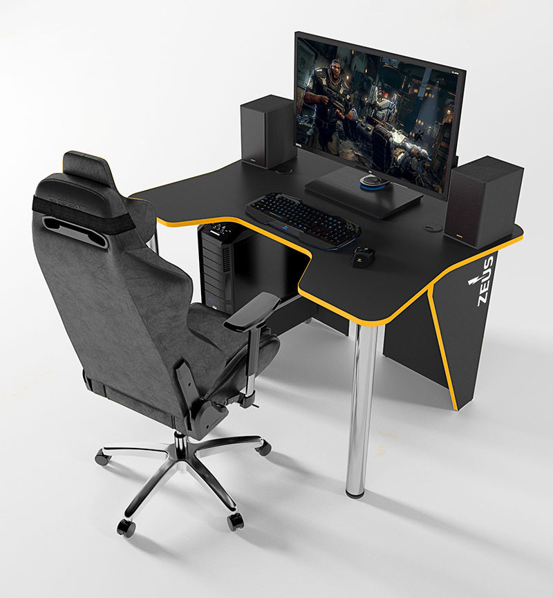 Геймерский игровой стол ZEUS IGROK-3L, черный/желтый с LED подсветкой ...