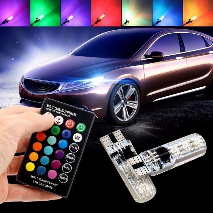 Автомобільні LED-лампи габаритні вогні RGB T10 W5W з пультом. Кольорові світлодіодні лампочки стробоскопи
