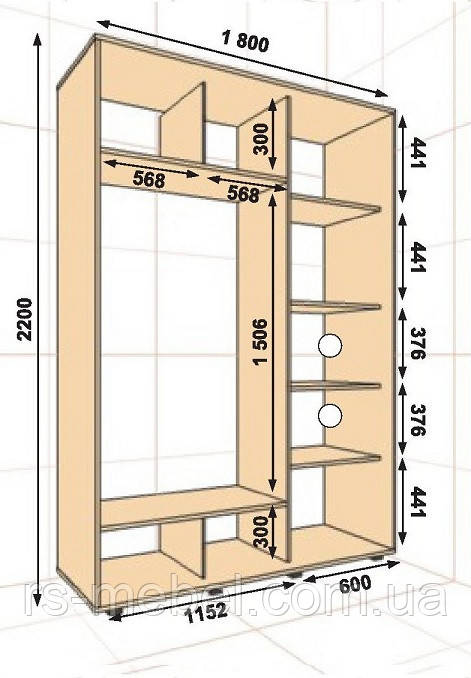 Шафа-купе 1800х600х2200, 2 двері (Алекса), фото 1