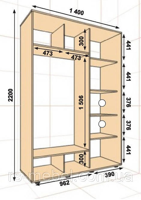 Шафа-купе 1400х600х2200, 2 двері (Алекса), фото 1