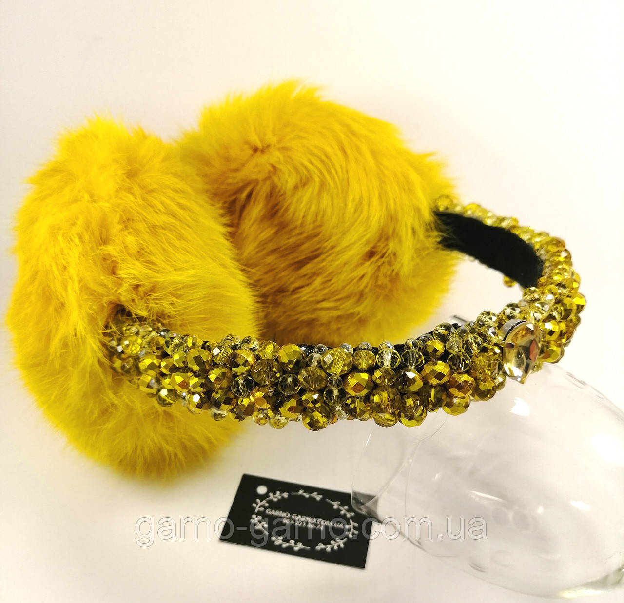 Хутряні навушники Жовті з кришталевими намистинами Корона Зимові вушка натуральне хутро