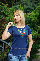 Патріотична жіноча футболка з вишитими квітами "Волошки" А-6