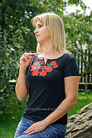 Красивая женская вышитая футболка с вышитыми розами. А-14